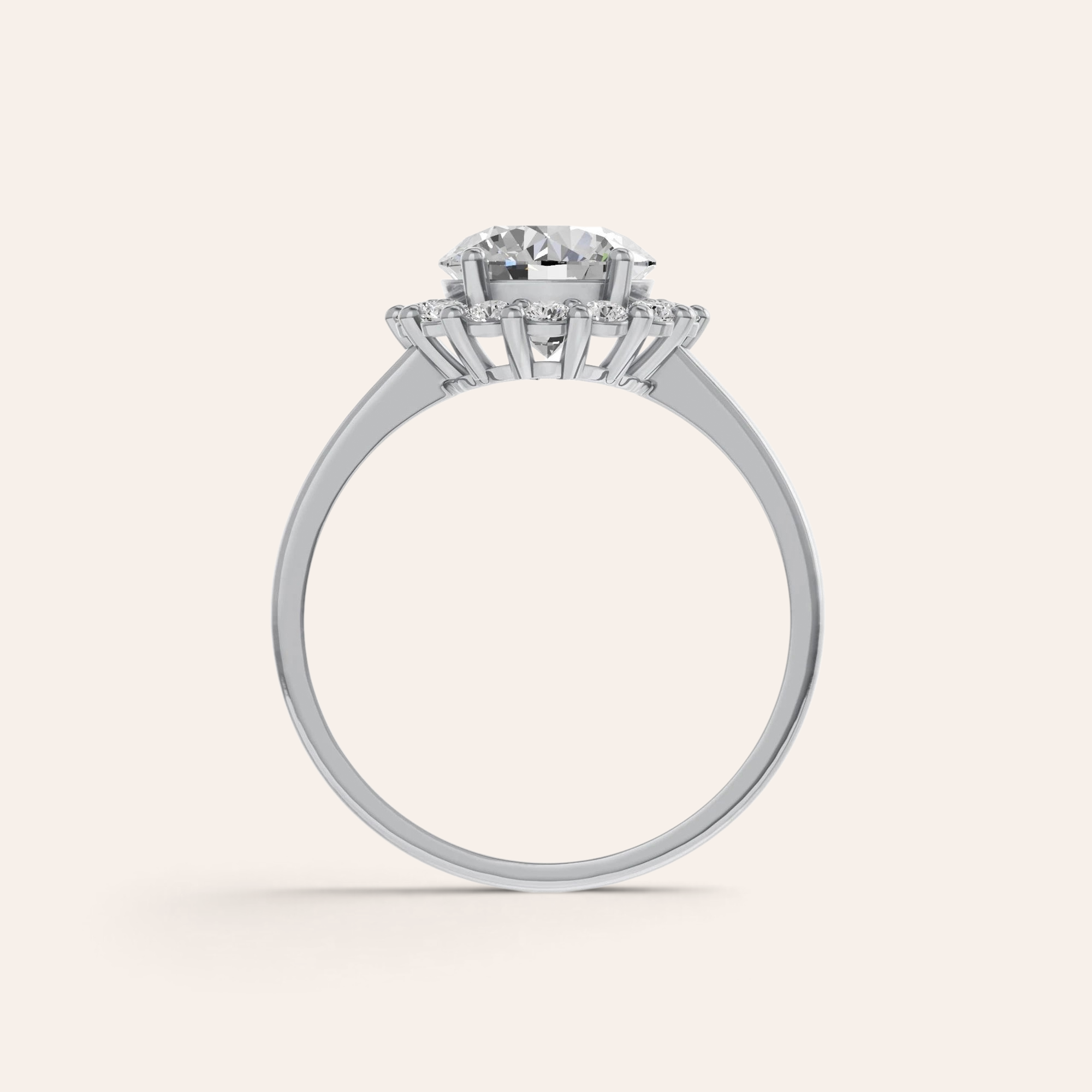 Louèn Diamonds 14k witgouden halo verlovingsring met een ronde 1.5 karaat lab-grown diamant, zijaanzicht.