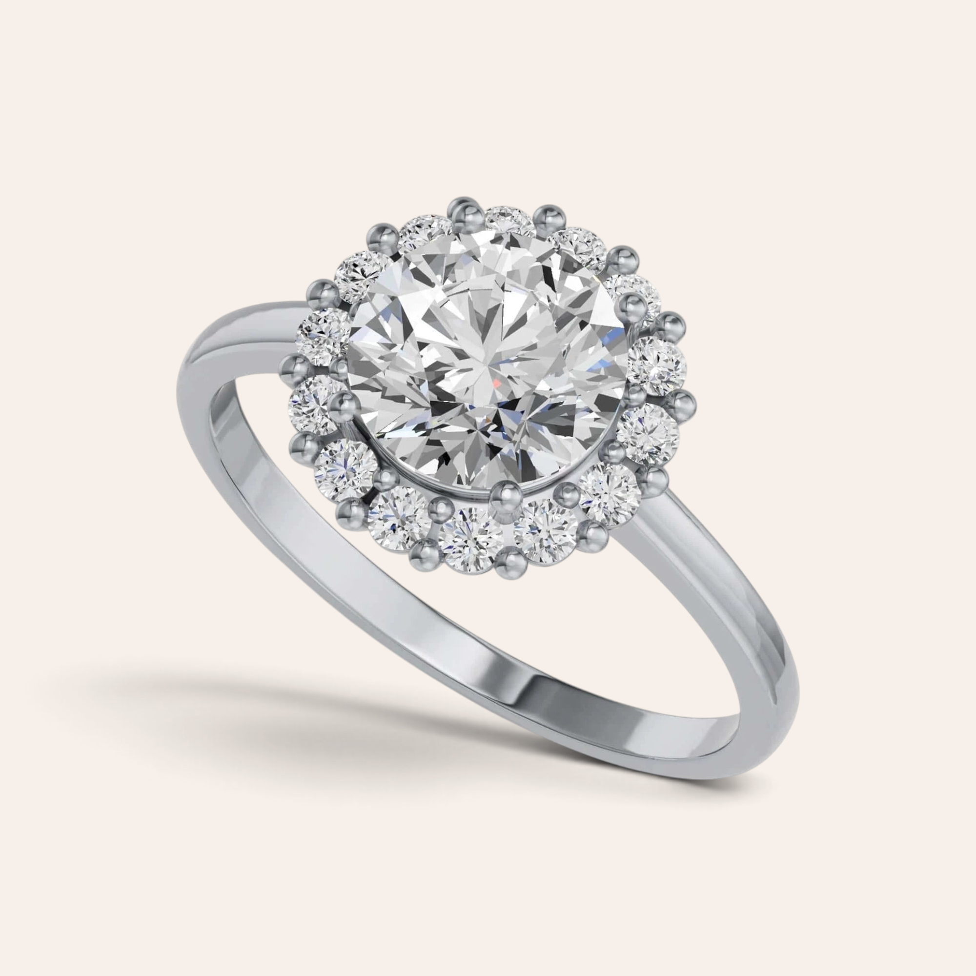 Louèn Diamonds 14k witgouden verlovingsring met een ronde 1.5 ct lab-grown diamant in een klassieke halo-zetting.