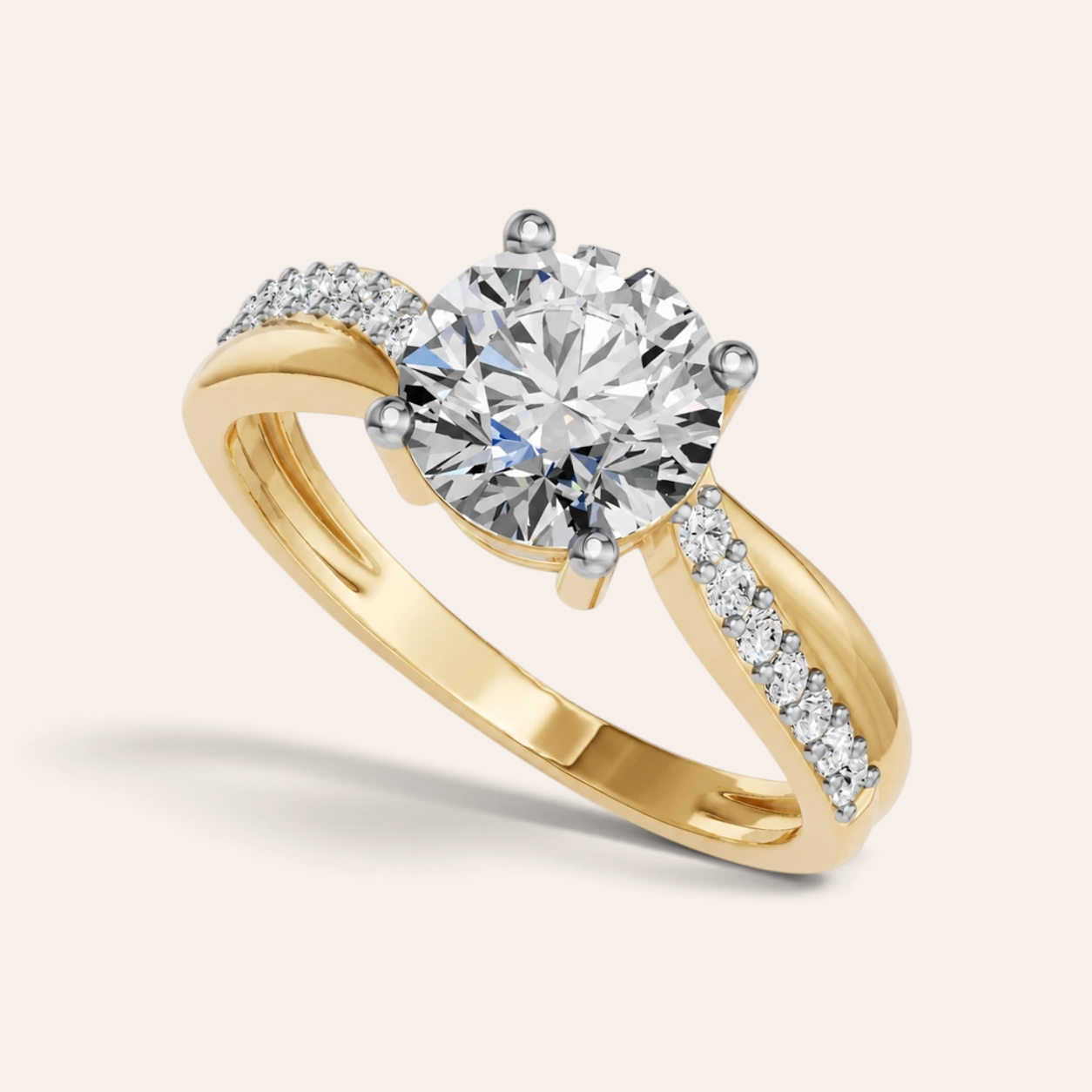 Louèn Diamonds ronde solitaire verlovingsring met 2.0 karaat lab grown diamant en pavé gezette band in 14k geelgoud.