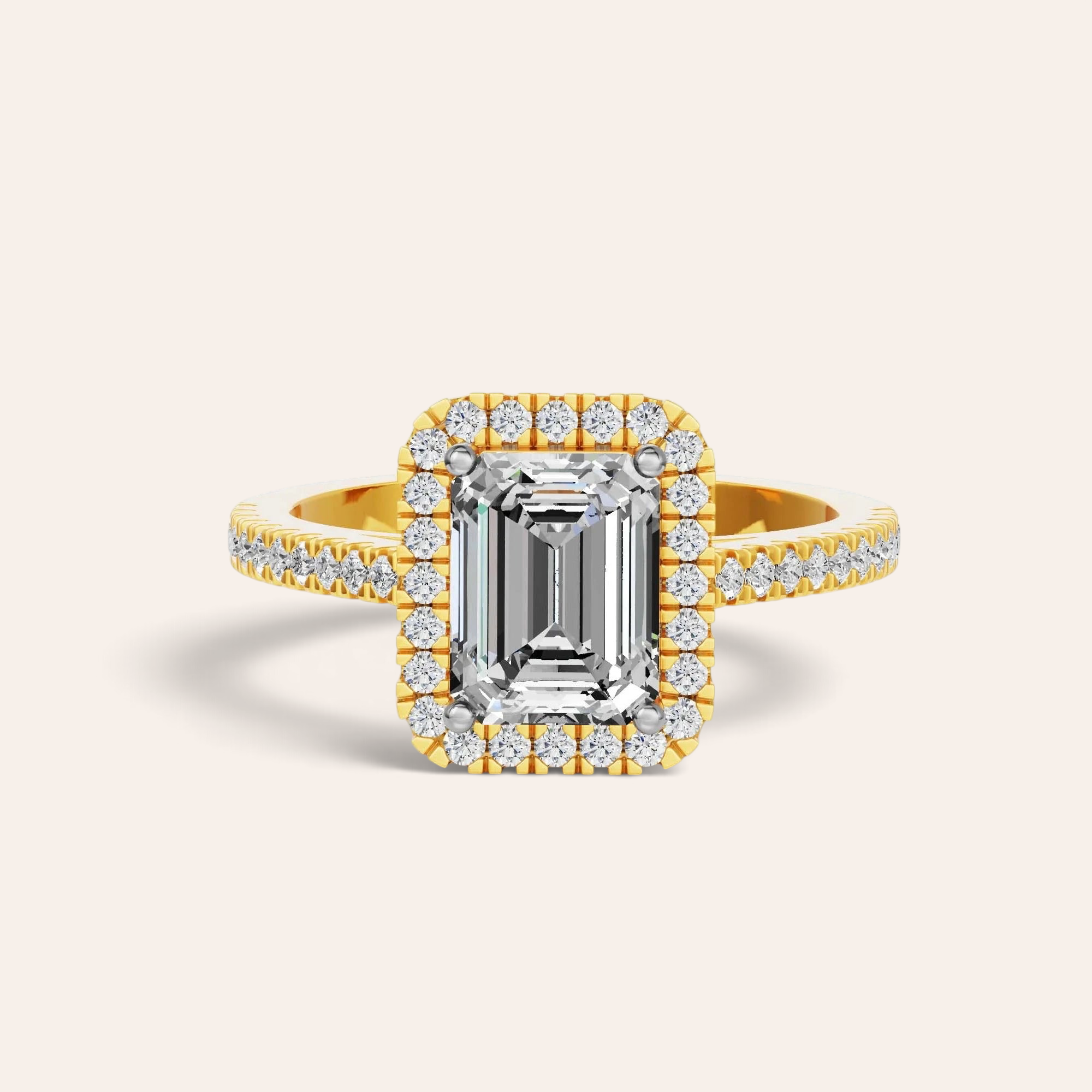 Louèn Diamonds 14k geelgouden verlovingsring met 2.0 ct smaragd geslepen lab grown diamant en halo zetting