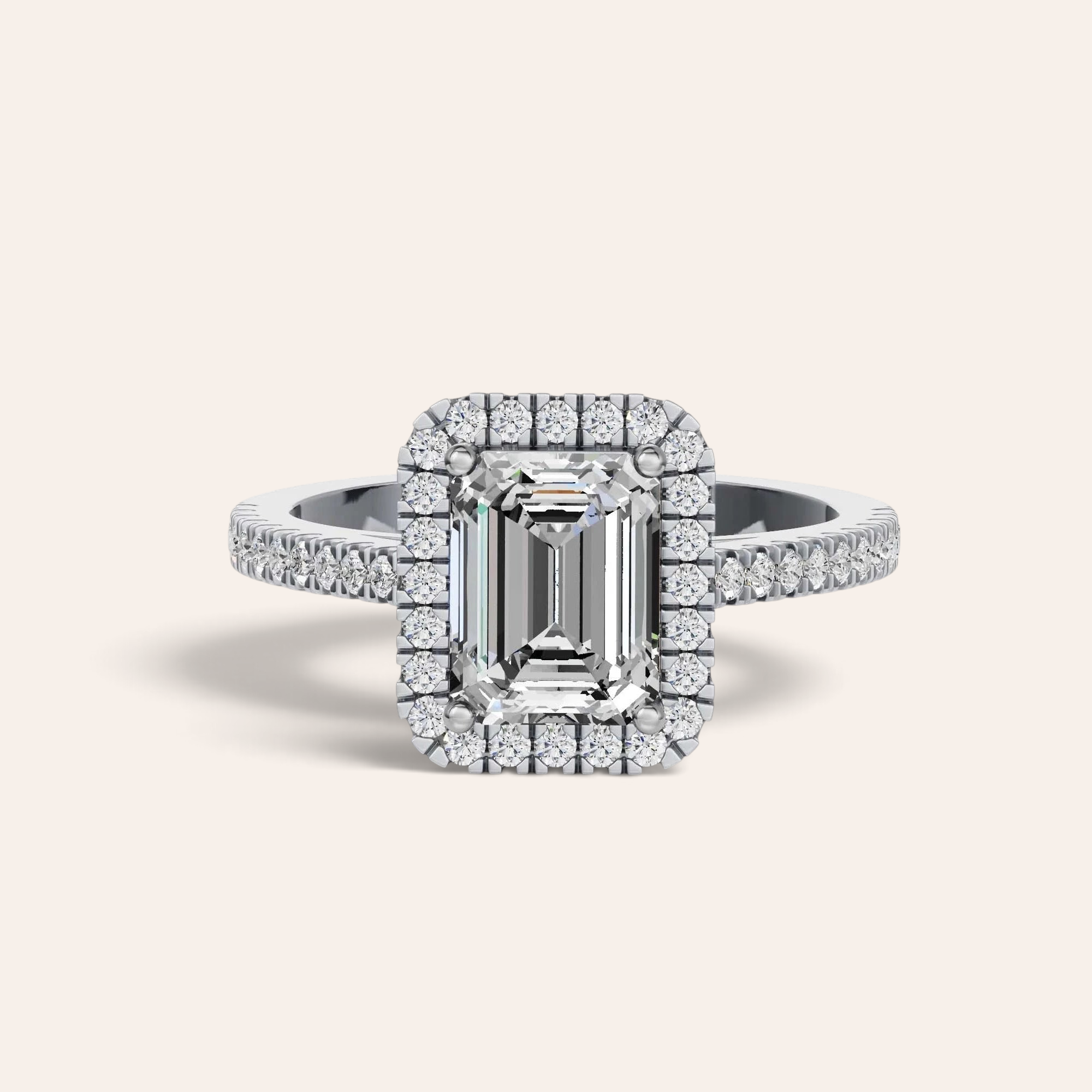 Louèn Diamonds verlovingsring met 2.0 ct smaragd geslepen lab grown diamant en halo in 14k witgoud