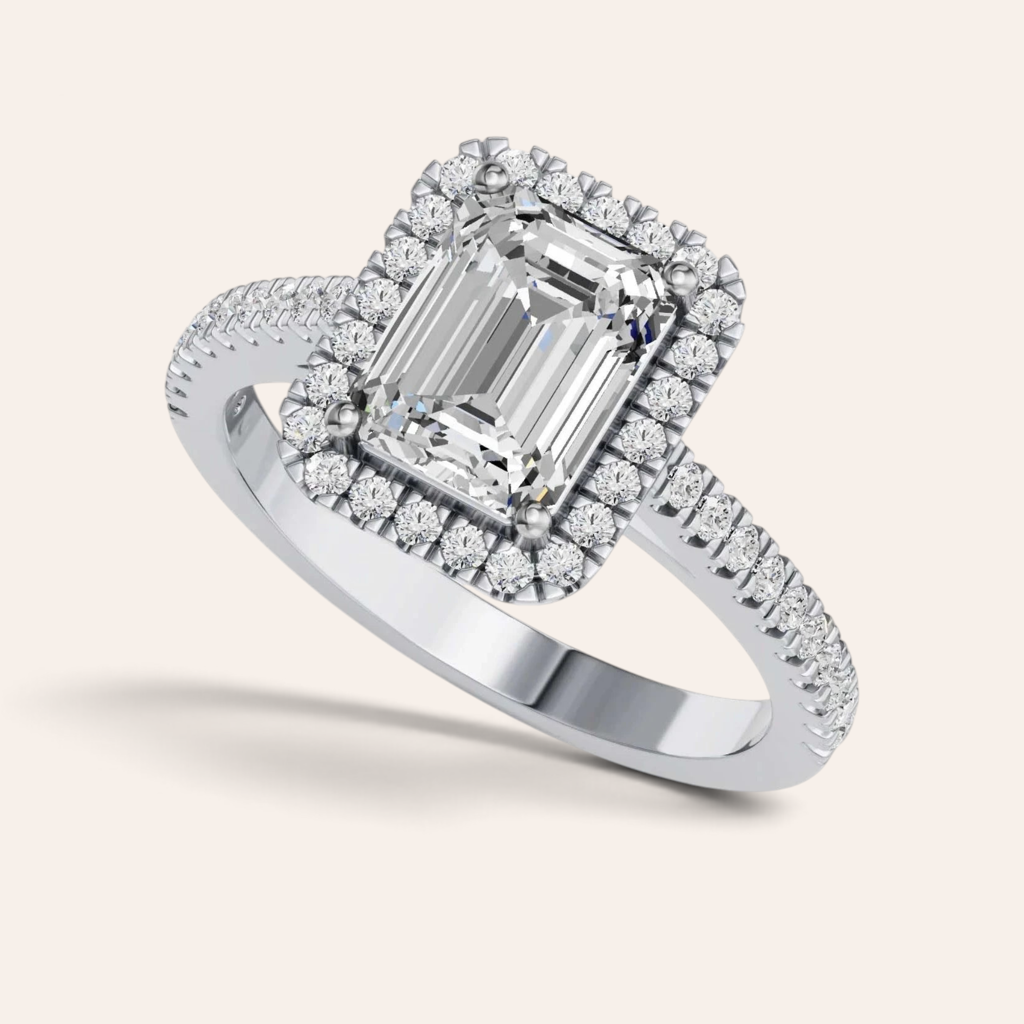 Louèn Diamonds verlovingsring met 2.0 ct smaragd geslepen lab grown diamant en halo in 14k witgoud