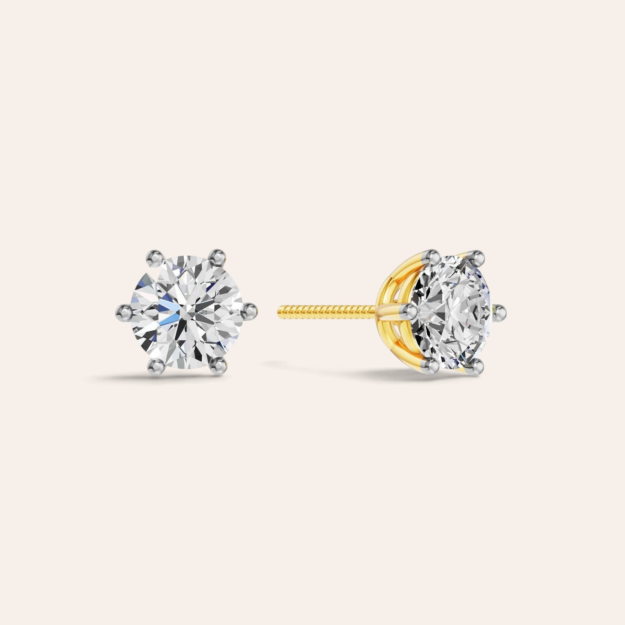 Louèn Diamonds 14k geelgouden solitaire oorstekers met 2.0 karaat briljant geslepen diamanten in 6-poots zetting.