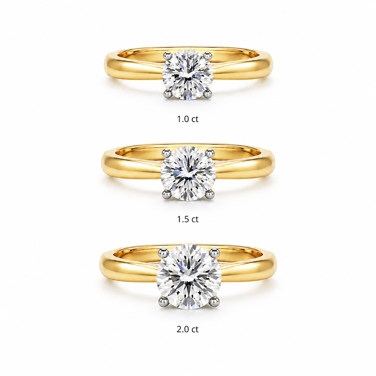Louèn Diamonds solitaire verlovingsringen in 14k geelgoud met ronde diamanten van 1.0, 1.5 en 2.0 karaat
