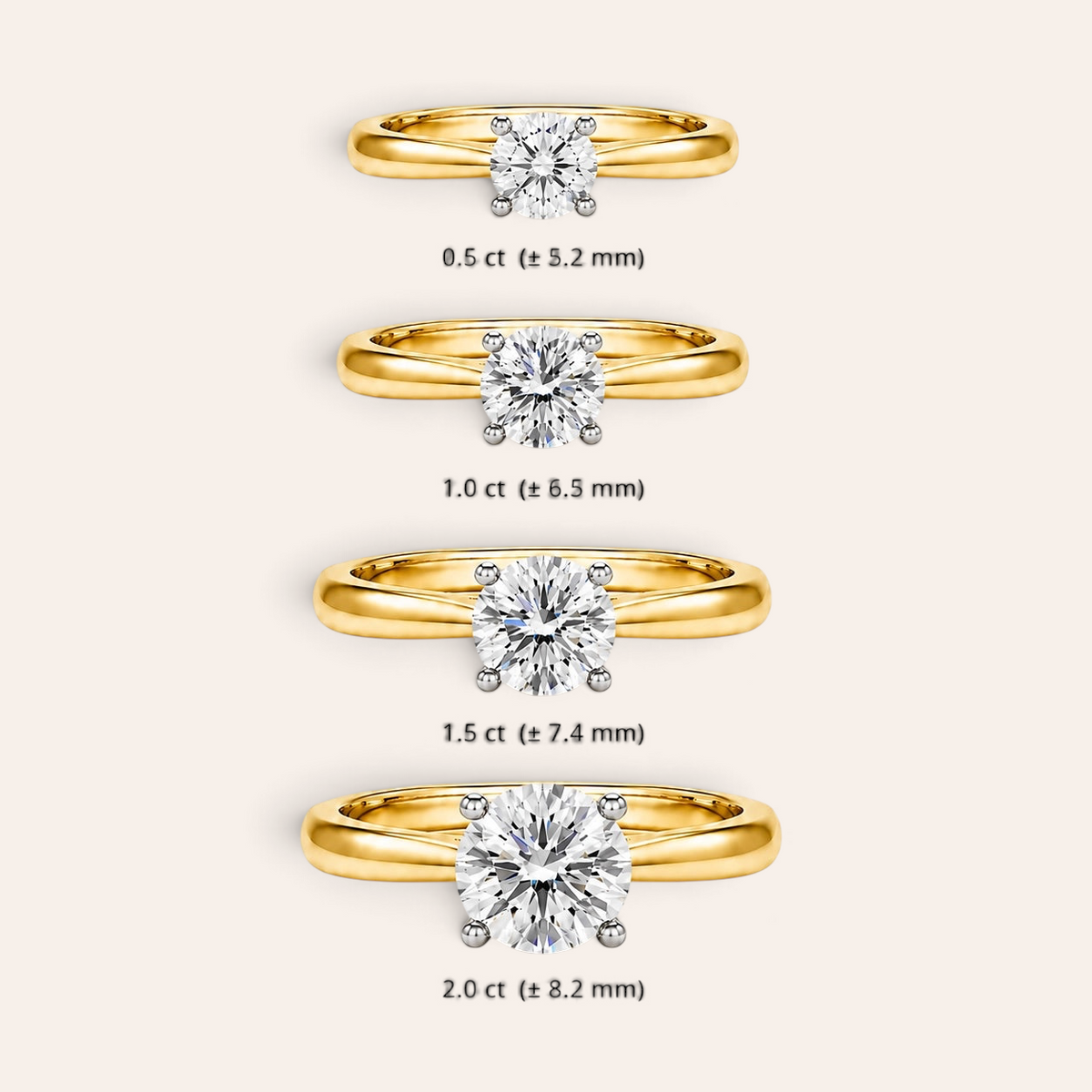 Louèn Diamonds solitaire verlovingsringen in 14k goud met ronde diamanten in verschillende karaatgewichten.
