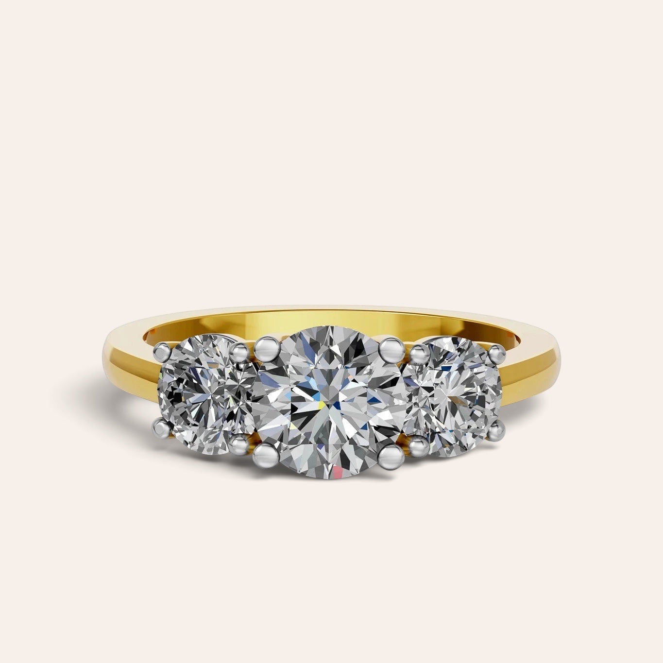 Louèn Diamonds trilogie verlovingsring van 14k geelgoud met drie ronde lab-grown diamanten van 2.0 ct in totaal.
