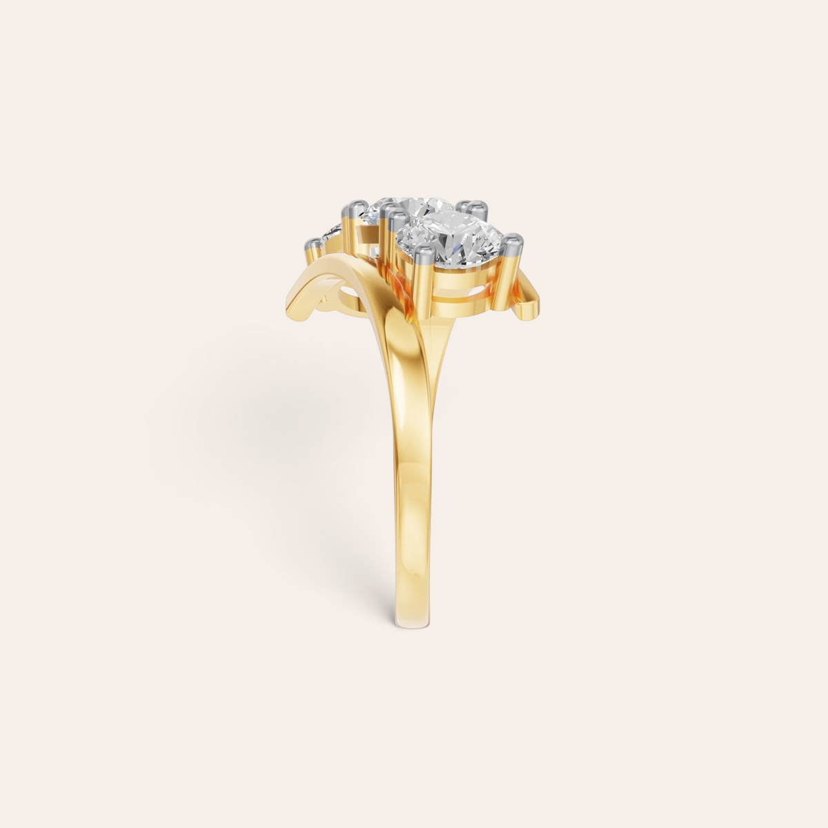 Louèn Diamonds ronde trilogie verlovingsring van 14k geelgoud met drie schitterende diamanten, zijaanzicht.