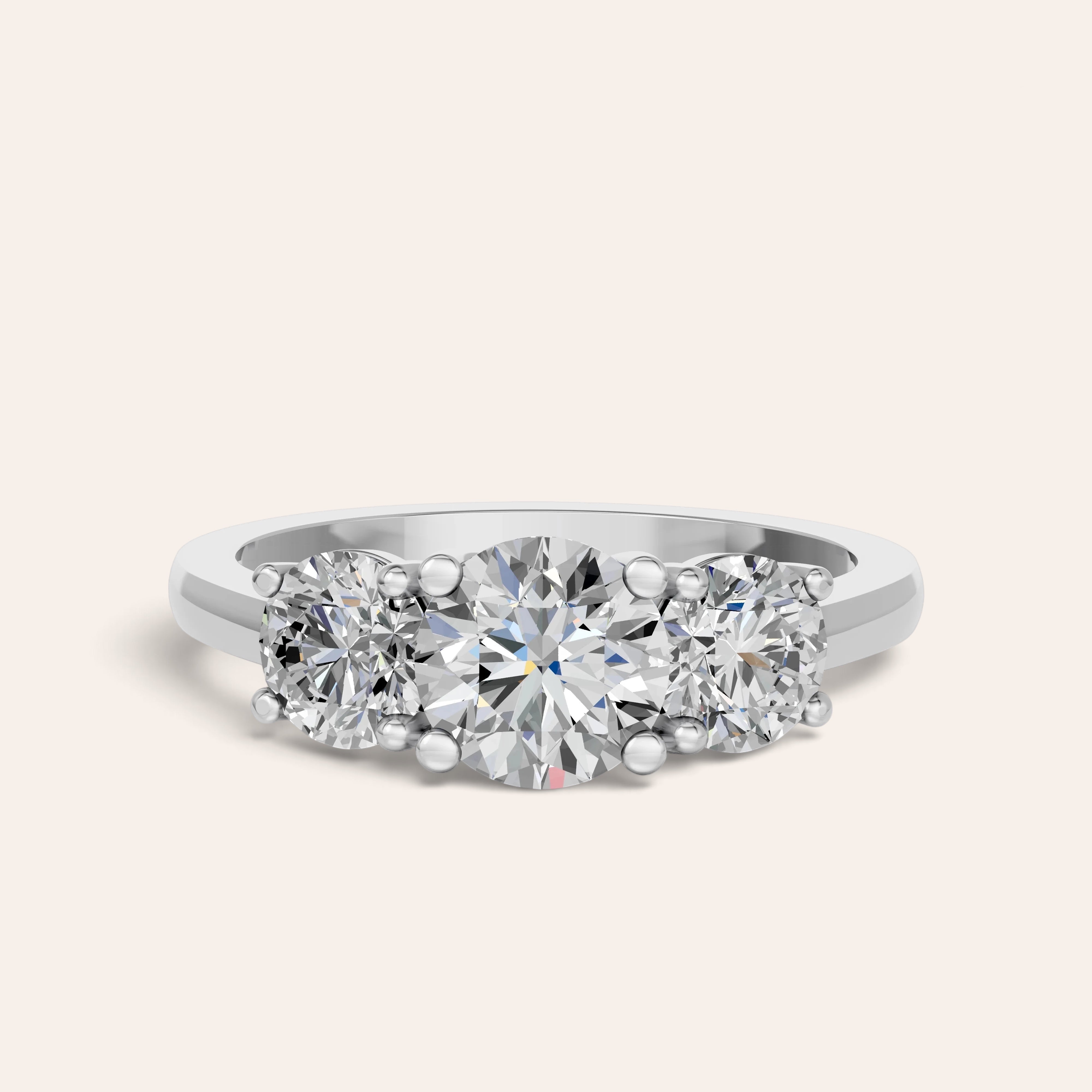 Louèn Diamonds trilogie verlovingsring met drie ronde diamanten in 14k witgoud, 2.0 karaat, tijdloos en elegant.